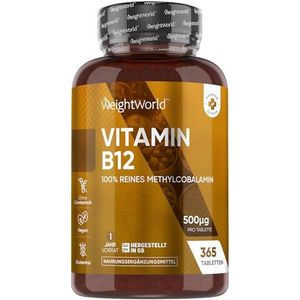 Vitamine B12 tabletten - 500 mcg - 365 tabletten voor 1 jaar voorraad - 100% Methylcobalamine - Makkelijk slikbare mini-tabletten - Gemaakt in het Verenigd Koninkrijk - Van WeightWorld