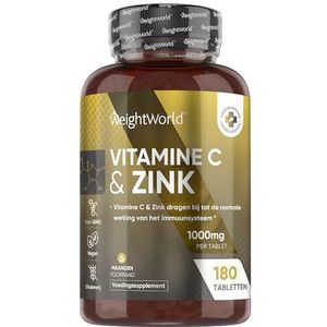 WeightWorld Vitamine C met Zink tabletten - 1000 mg Vitamine C + 10 mg Zink - 180 vegan tabletten voor 6 maanden voorraad