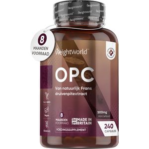 OPC Druivenpitextract capsules - 1000mg - 240 vegan capsules voor 8 maanden voorraad - Gemaakt van Franse druiven - 100% natuurlijk - Glutenvrij en GMO-vrij - OPC supplement van WeightWorld