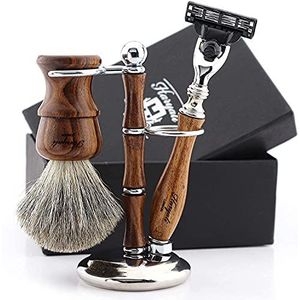 Haryali London Scheerset, scheermes, scheerkwast, dassenhaar, scheerstandaard, 3-kanten, nat scheerapparaat, scheerset van houten metalen handgreep, 3-delige scheermes-set als cadeauset