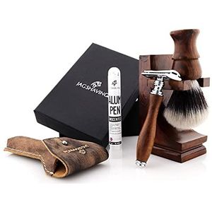 Jag Shaving Scheerset - Duurzame 4-delige scheerset van hout - synthetisch zilveren puntige scheerkwast - dubbelzijdige scheermesjes scheermes - scheerstandaard - lederen tas voor scheermes