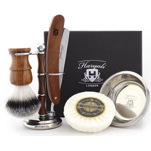 Complete scheerset van hout en metaal met scheerkwast, scheerstandaard, scheermes, scheerkom en zeep, cadeau voor hem (houten scheerset)