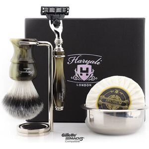 Scheerset voor herenscheren met scheerkwast, scheermes met 3 randen, scheerstandaard, scheerkom en zeep, beste cadeau voor hem (scheerset voor heren)