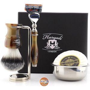 Een complete scheerset met 5 Edge-scheermes, S met borstel, scheerstandaard, scheerzeep en kom, cadeau voor hem (scheercadeauset)