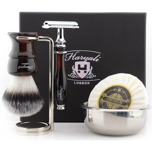 Complete scheerset voor mannen, Haryali London Scheerset – 5-delige scheerset – Dubbelzijdig veiligheidsscheermes – Synthetische scheerkwast – Scheerzeep – Scheerkom – Scheerstandaard – Rode en zwarte scheerset Cadeau