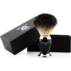 Zwarte scheerkwast met fijne borstelharen (scheerkwast) in zwart en metaalkleurig handvat, cadeau voor mannen
