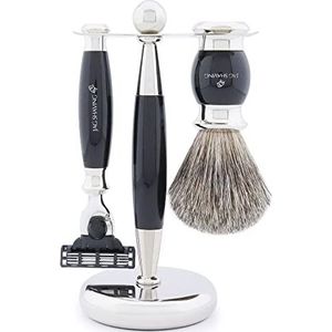 Jag Shaving scheerset - 3-delige scheerset met scheerkwast - 3 scheermesjes scheermesje - super dassenhaar scheerkwast - scheerstandaard - zwarte scheerset als cadeauset