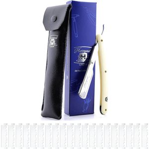 Haryali London Cutthroat Razor Scheermes, Heren Half Blade Cut Throat Razor Ivoorkleur met echt lederen etui, Klassiek scheermes voor mannen + mesjes