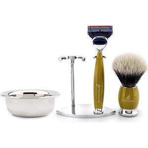 Scheerset voor heren, borstel met zilveren punt, compatibel scheermes met 5 randen, dubbele roestvrijstalen scheerstandaard en kom, geweldige cadeauset (scheerset voor heren)