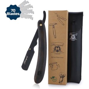 Haryali London Shavette Open Scheermes Black Wood + 70 Single Edge Scheermesjes - Klassiek barbiersmes straight razor voor mannen - Cut throat razor Nekmes - Klassiek klap scheermes - Safety razor Feather mes