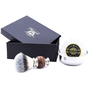 Haryali London Scheerkwastenset, veganistisch, scheerschaal, scheerzeep, 3-delige scheerset, handvat van hout, metaal, scheerschaal van roestvrij staal, synthetisch haar