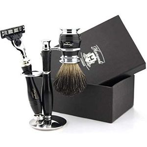 Haryali London Black Scheerset voor heren, met 3 scheerranden, zwarte dakhaarborstel en scheerstandaard