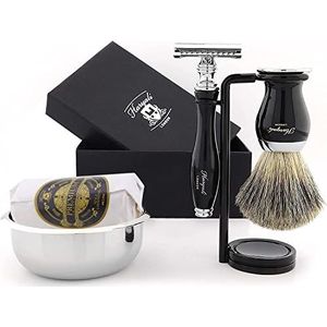 Haryali London Black 5-delige scheerset - dubbelzijdige scheermesjes - super dassenhaar scheerborstel - scheerstandaard - scheerzeep - scheermes