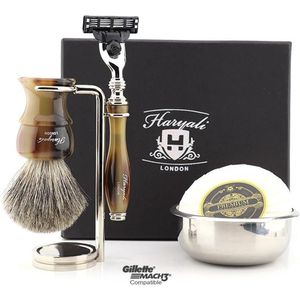 Handgemaakte herenscheerset met originele scheerkwast, scheermes met 3 snijkanten, standaard, zeep en kom, perfecte cadeauset voor mannen