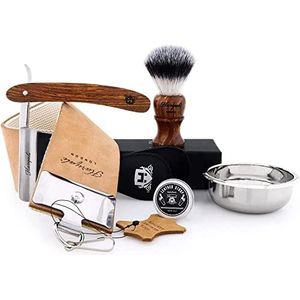 Haryali London Scheerset - Scheerkwastenset - Duurzame scheerset - Houten - Scheerkwast - Rechte Scheermes - Scheerkom - Lederen Strop - Honing Compound - voor glad scheren