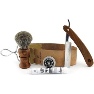 Jag Shaving Scheerset - 5-delige scheerset - Duurzaam - Scheerset - Houten scheerkwast - Scheermes - Leren riem - Schurende pasta - Aluinstaaf - Echte Peel Off Strop - Kerstcadeau
