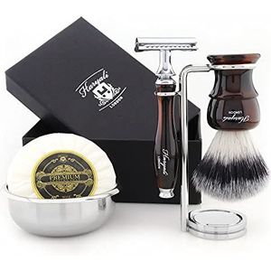 Haryali London 5 Pc Heren Scheerset Dubbele Rand Veiligheid Scheermes met Witte Das Haar Borstel Stand, Kom en Zeep Perfecte Set voor Mannen