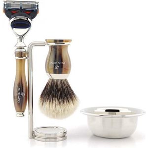 Handgemaakte Tortilla scheerset voor heren wordt geleverd met 5 Edge-compatibel scheermes, zilveren originele scheerkwast, standaard en kom Perfect Shave Gift Set