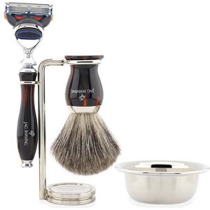 Scheerset voor heren Wordt geleverd met een scheermes dat compatibel is met 5 sneden, een zwarte zilveren punt Scheerkwast, standaard en stalen kom Perfecte scheercadeauset