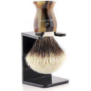 Handgemaakte scheerkwast met puur zilveren punt, handvat van hars en borstelstandaard/houder