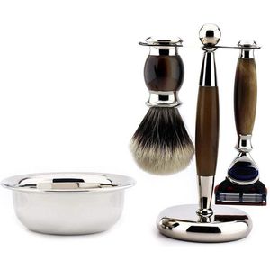 Silver Tip-scheercadeauset Borstel, scheermes met 3 randen, dubbele standaard en roestvrijstalen kom (scheerset voor mannen)