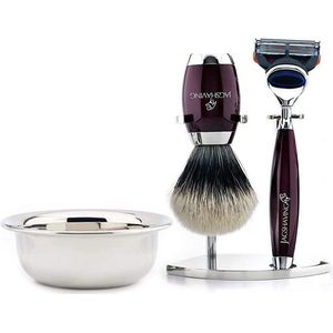 Scheercadeauset met scheermes met 5 snijkanten, borstel met zilveren punt, dubbele standaard en scheerkom (scheerset voor mannen)
