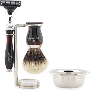 Handgemaakte scheerset met 3-kant-compatibel scheermes, borstel met zilveren punt, kom en standaard Perfecte cadeaus