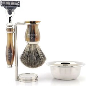 Scheerset voor mannen, in bruine handvatten met 3-kantig scheermes, scheerkwast, standaard en kom Perfecte geschenkset voor mannen voor een gladde scheerbeurt (scheerset)