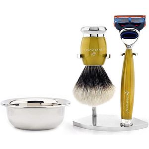 Scheerset voor mannen scheerkwast met zilveren punt, compatibel scheermes met 5 randen, dubbele roestvrijstalen scheerstandaard en geschenkset met kom (scheerset voor mannen)