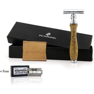 Bamboe dubbele rand veiligheidsscheermes natuurlijk hout en staal omgaan scheren scheermes met Echt lederen bescherm geval in een gebrandmerkt cadeau doos (Bamboo Safety Razor)