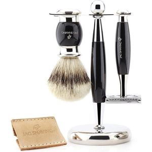 Luxe scheerset voor heren, dubbelzijdig veiligheidsscheermes met etui, scheerkwast met zilveren punt en standaard, perfecte cadeauset