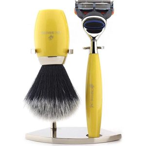 Luxe gele scheerset voor heren met 5 scheermesjes met cartridges, scheerkwast met zwarte zilveren punt en standaard, perfecte cadeauset (scheerset)