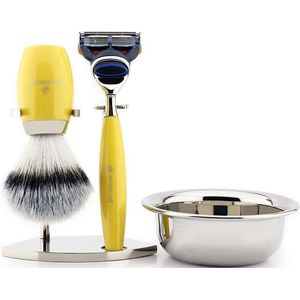 Complete scheerset voor mannen, Klassieke gele scheerset voor heren met scheermes met 5 randen, scheerkwast met superzilveren puntharen, staande kom Perfecte cadeauset (scheerset voor heren)
