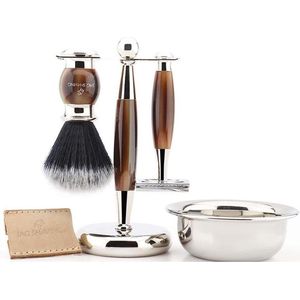 Scheerset voor heren, dubbelzijdig veiligheidsscheermes met etui, zwarte synthetische scheerkwastkom en standaard, perfecte cadeauset voor mannen (scheerset voor heren)