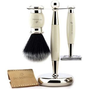 Luxe scheerset voor heren Dubbelzijdig veiligheidsscheermes met lederen etui, zwarte synthetische scheerkwast Kom en sta Perfecte cadeauset (gebroken witte scheerset)