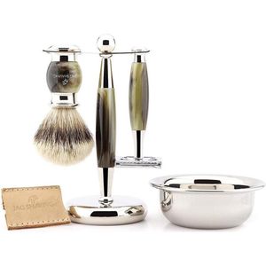 Luxe scheerset voor heren met dubbelzijdig veiligheidsscheermes, scheerkwast met zilveren punt, standaard, kom en leren etui, perfecte cadeauset voor mannen (scheerset voor heren)