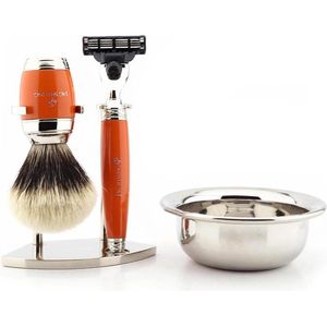 Handgemaakte scheerset voor heren met scheermes met 3 snijkanten, scheerkwast met zilveren punt, scheerstandaard en scheergeschenkset met kom