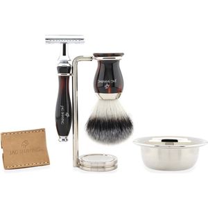 Premie Handgemaakt heren scheerset met dubbel kante veiligheidsscheermes, synthetische zilveren tip originele scheerkwast, Kom en Staan Perfecte cadeauset (Shaving Set)