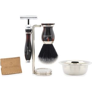 Handgemaakte antieke herenscheerset met dubbelzijdig veiligheidsscheermes, synthetische scheerkwast, standaard en kom, perfecte scheerset