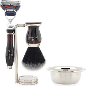 Scheerset voor heren wordt geleverd met compatibel scheermes met 5 randen, scheerkwast met zwarte synthetische haren, standaard en kom, perfecte cadeauset