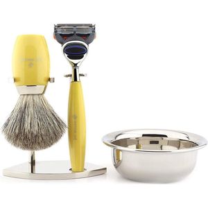 Gele luxe herenscheerset met scheermesjes met 5 cartridges, scheerkwaststandaard en kom, perfecte cadeauset voor mannen