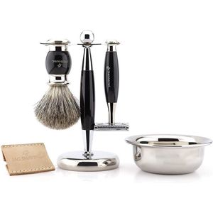 Scheerset voor heren, dubbelzijdig veiligheidsscheermes met leren etui, superscheerkwast, standaard en kom, perfecte cadeauset voor mannen