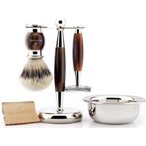 Complete scheerset voor mannen, Luxe scheerset voor heren met dubbelzijdig veiligheidsscheermes, zilveren punt, scheerkwast met borstelharen, standaard, kom en etui, perfecte cadeauset (Gift Shaving Set)