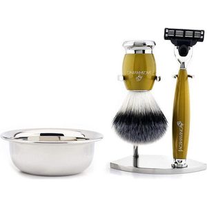Scheerset voor heren met scheermes met 3 snijkanten, synthetische scheerkwast, stalen scheerkom en standaard
