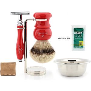 Scheerset voor heren Dubbele rand veiligheidsscheermes, etui, scheerkwaststandaard met superzilveren punt en kom Perfect cadeau voor set voor mannen (rode scheerset)