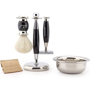 Luxe scheerset voor heren Dubbelzijdig veiligheidsscheermes met lederen etui, scheerkwast, standaard en kom Perfecte cadeauset (cadeauscheerset)