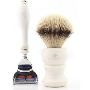 5 Edge-scheermesset met scheerkwast Beste in kwaliteit voor herenscheren in gebroken witte kleur - 2-delige scheerset