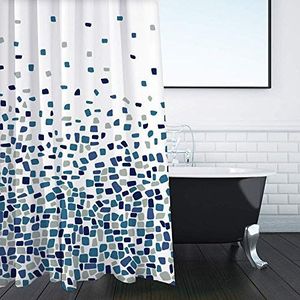 Douchegordijn, badkamer, bad, bad, milieuvriendelijk, wasbaar, anti-schimmel, antibacterieel, schimmelbestendig, mozaïekpatroon, blauw, 180 x 180 cm, 100% polyester