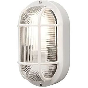 Konstsmide 7650-200 Elmas Bulk Head Outdoor Wandlamp Mains Powered/B: 12cm D: 10,5 cm H: 20 cm/1 x 40 W E27 Max Wandlamp/Helder Geribbeld Glas/Plastic / IP44 / Buitenlicht Wit