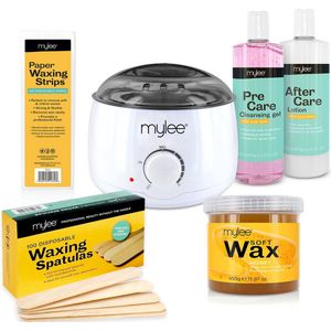 Mylee Complete Waxing Kit, inclusief salonkwaliteit Waxverwarming, zachte crèmekleurige was, wax strips, spatules en Mylee Pre & After Care Lotion (honing)